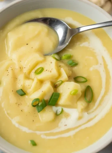 A warm bowl of Cozy Potato Leek Soup garnished with chives and served with bread.