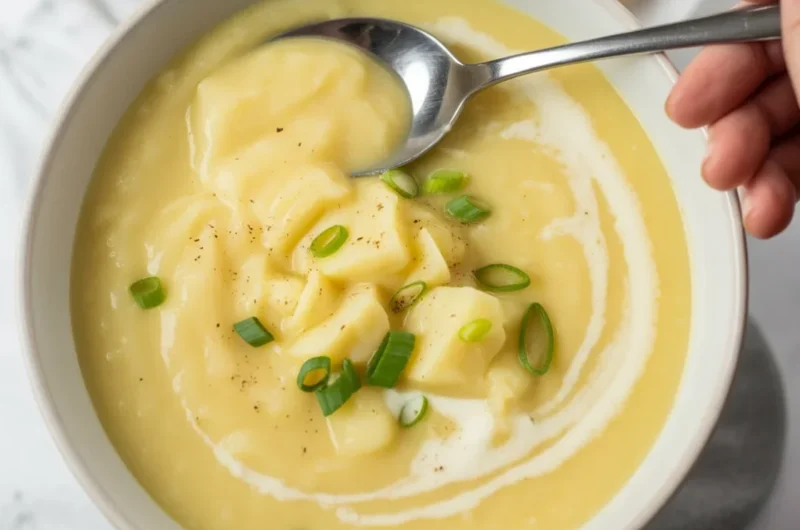 A warm bowl of Cozy Potato Leek Soup garnished with chives and served with bread.