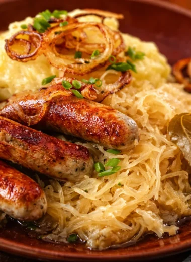 Bratwurst mit Sauerkraut, eine klassische deutsche Kombination von herzhaft und würzig.