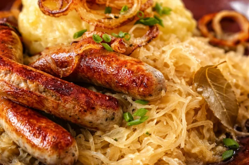 Bratwurst mit Sauerkraut, eine klassische deutsche Kombination von herzhaft und würzig.