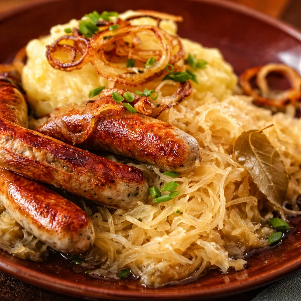 Bratwurst mit Sauerkraut, eine klassische deutsche Kombination von herzhaft und würzig.