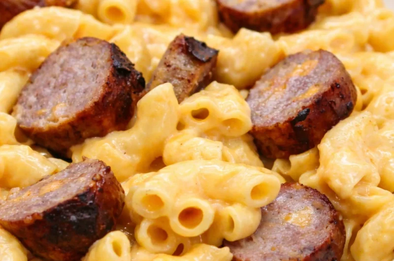 Creamy Cheesy Bratwurst Mac & Cheese with melted cheddar and savory bratwurst slices.