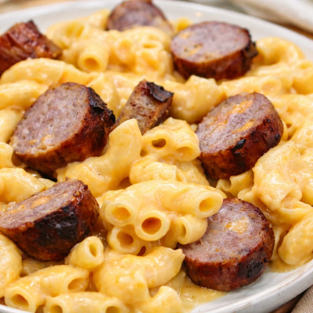 Creamy Cheesy Bratwurst Mac & Cheese with melted cheddar and savory bratwurst slices.