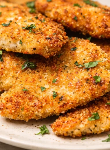 Crispy baked Italian Parmesan chicken, golden and crunchy, served on a plate.