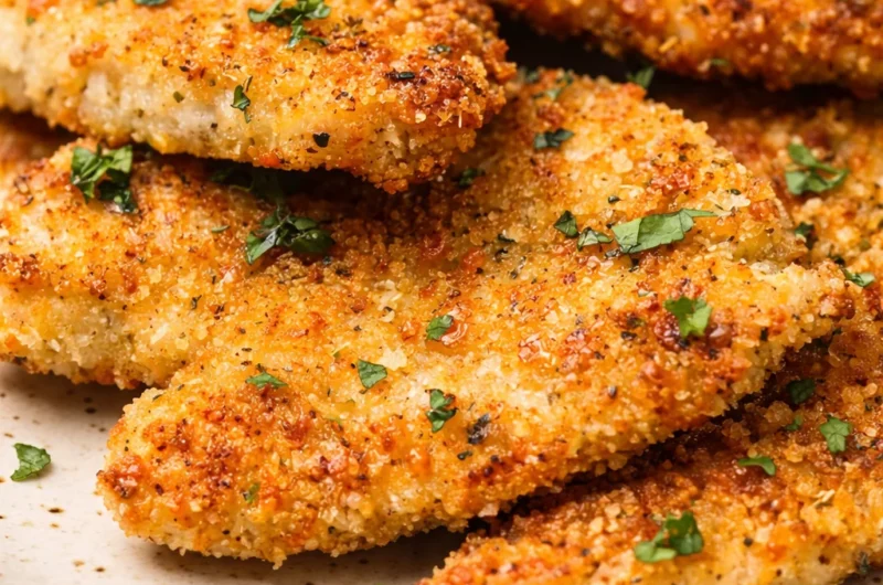 Crispy baked Italian Parmesan chicken, golden and crunchy, served on a plate.