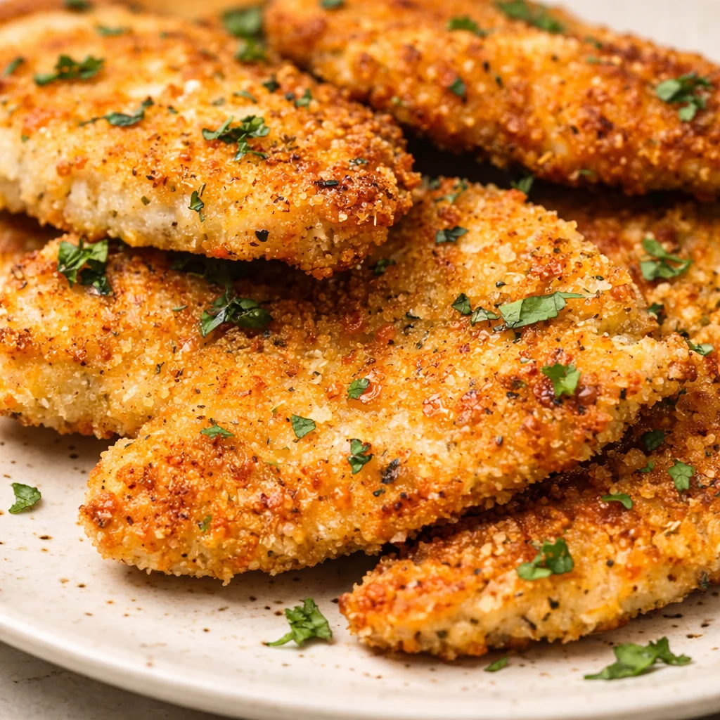 Crispy baked Italian Parmesan chicken, golden and crunchy, served on a plate.