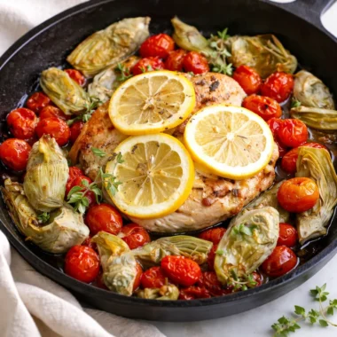 Mouthwatering Boursin Chicken Bake served on a dinner table with fresh ingredients.