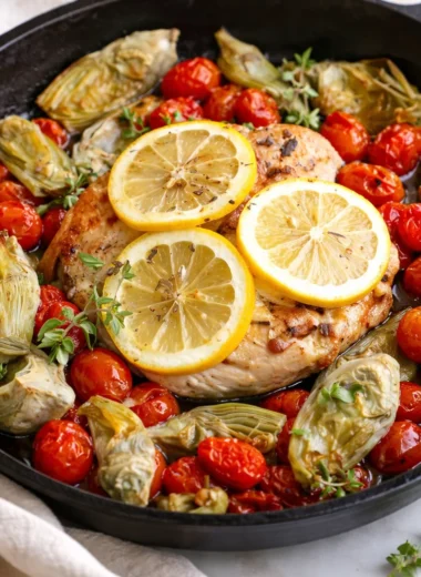 Mouthwatering Boursin Chicken Bake served on a dinner table with fresh ingredients.