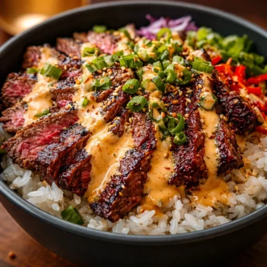 Korean BBQ Steak Rice Bowls with Spicy Cream Sauce featuring marinated beef and fresh veggies.