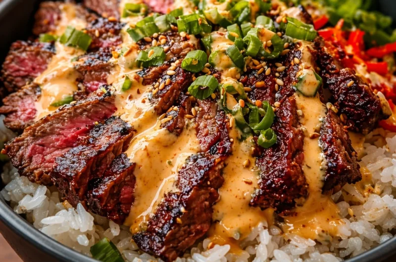 Korean BBQ Steak Rice Bowls with Spicy Cream Sauce featuring marinated beef and fresh veggies.