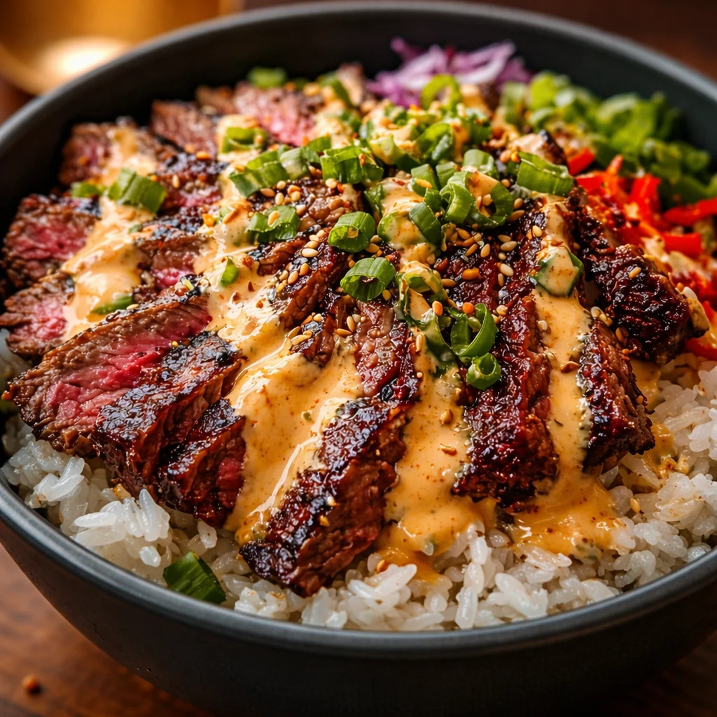 Korean BBQ Steak Rice Bowls with Spicy Cream Sauce that Wow! 34 Korean BBQ Steak Rice Bowls with Spicy Cream Sauce featuring marinated beef and fresh veggies.