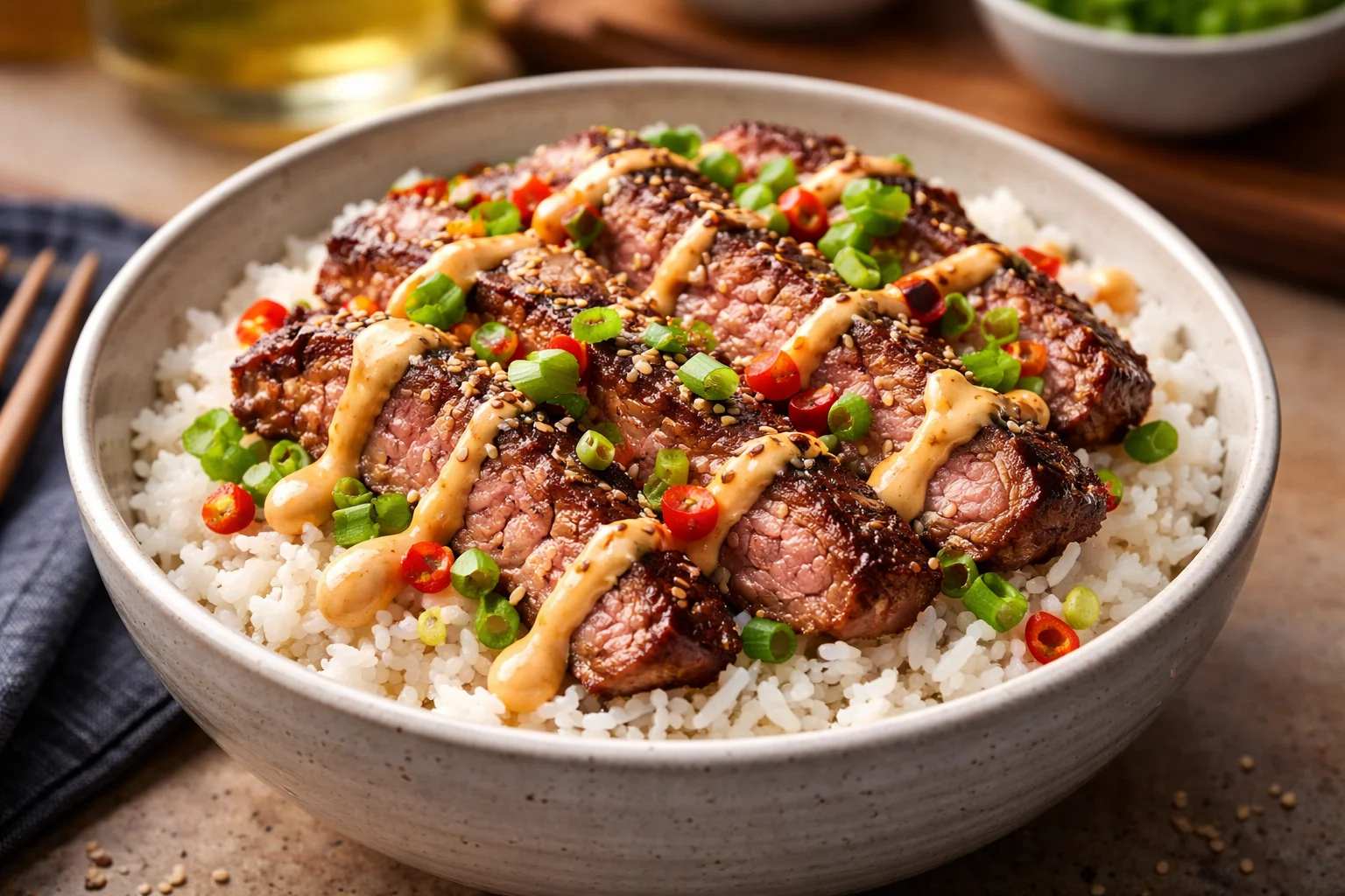 Korean BBQ Steak Rice Bowls with Spicy Cream Sauce that Wow!
