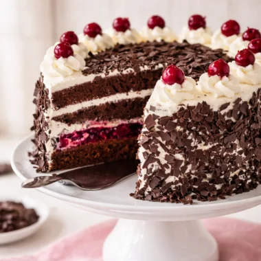 Traditionelle Schwarzwälder Kirschtorte mit Schokoladenbiskuit, Sahne und Kirschen