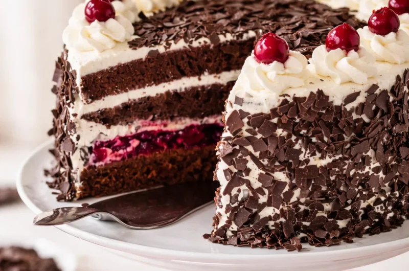 Traditionelle Schwarzwälder Kirschtorte mit Schokoladenbiskuit, Sahne und Kirschen