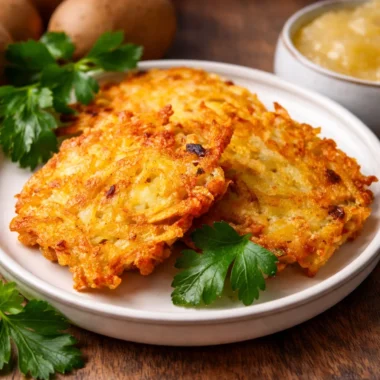 Knusprige Kartoffelpuffer (Reibekuchen) aus frischen Kartoffeln serviert mit Apfelmus.
