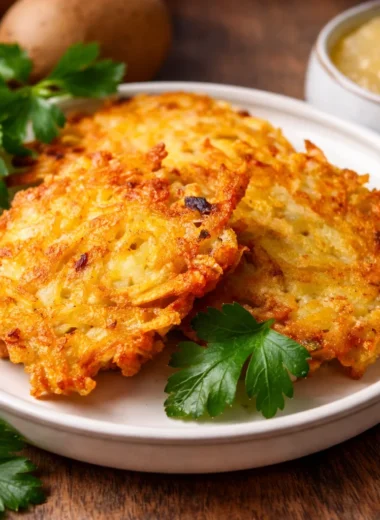 Knusprige Kartoffelpuffer (Reibekuchen) aus frischen Kartoffeln serviert mit Apfelmus.