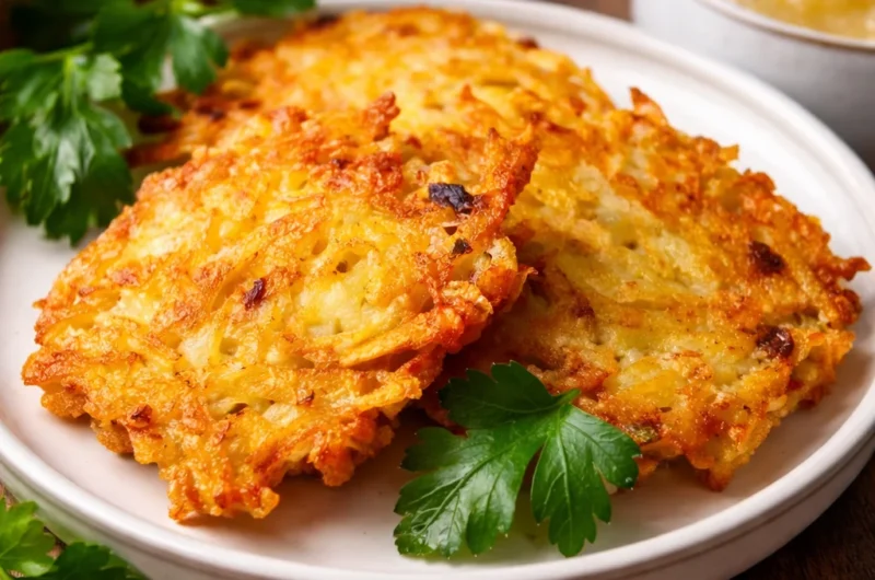Knusprige Kartoffelpuffer (Reibekuchen) aus frischen Kartoffeln serviert mit Apfelmus.