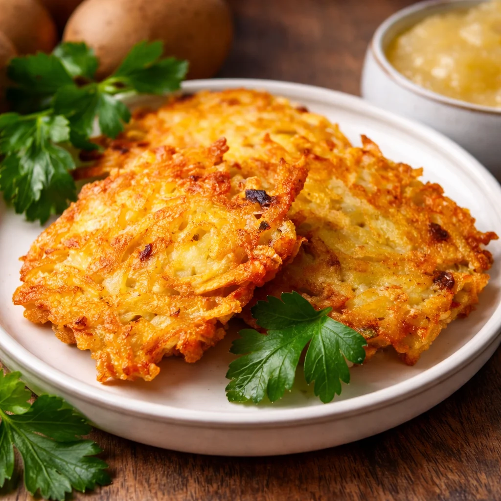Knusprige Kartoffelpuffer (Reibekuchen) aus frischen Kartoffeln serviert mit Apfelmus.
