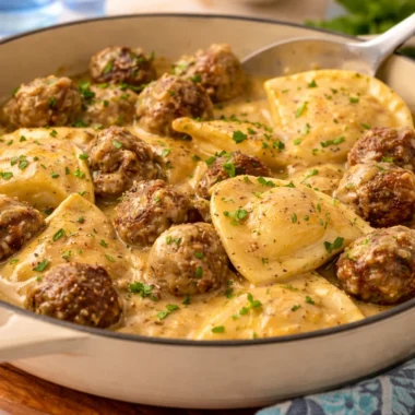 One Skillet Pierogi & Meatball Skillet served in a pan with toppings