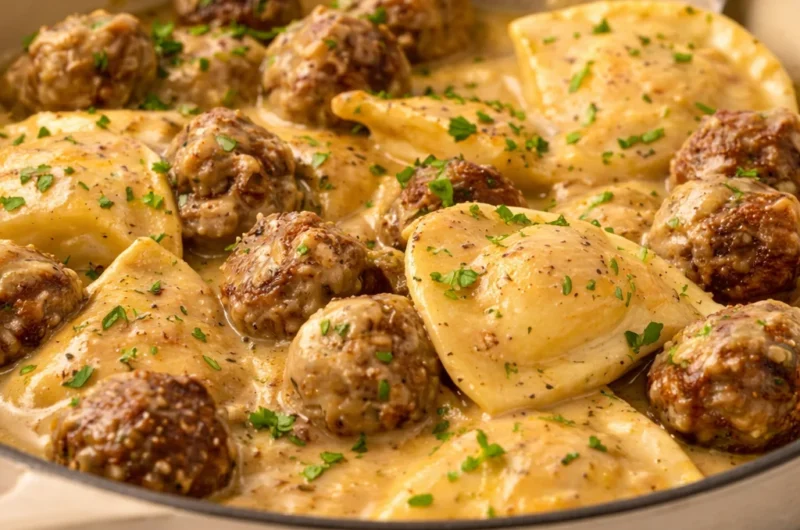 One Skillet Pierogi & Meatball Skillet served in a pan with toppings