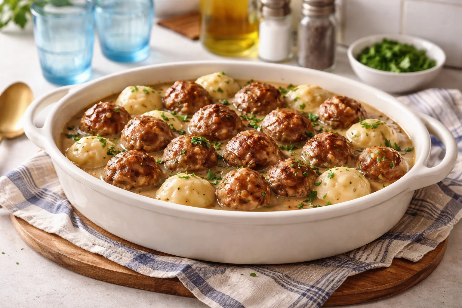 One Skillet Pierogi & Meatball Skillet