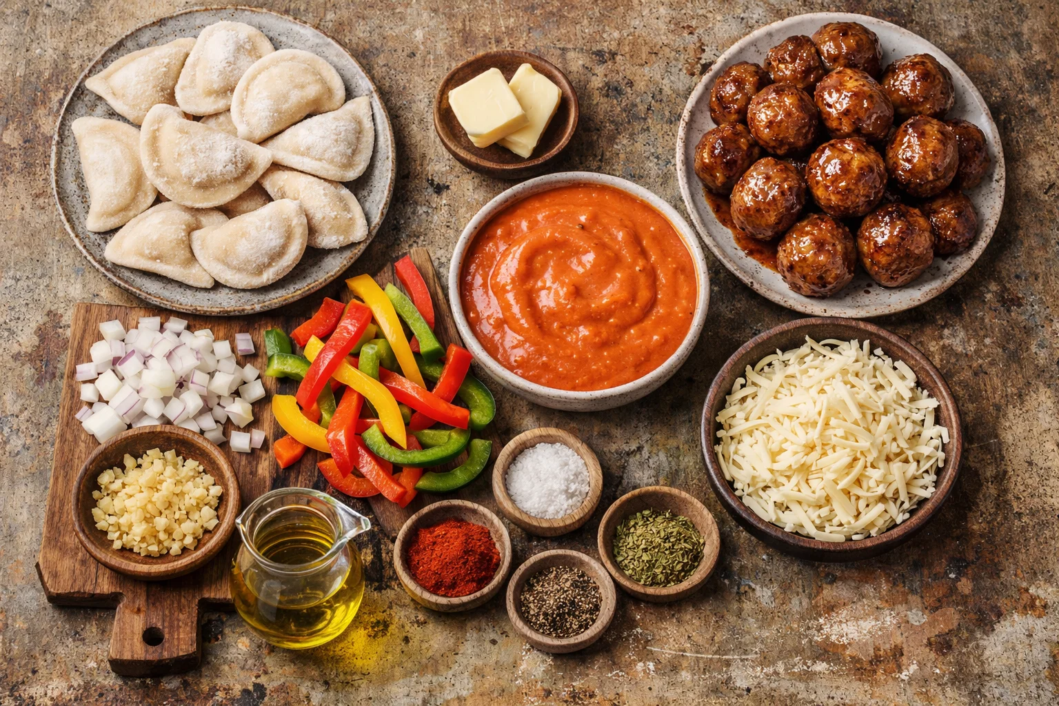 One Skillet Pierogi & Meatball Skillet