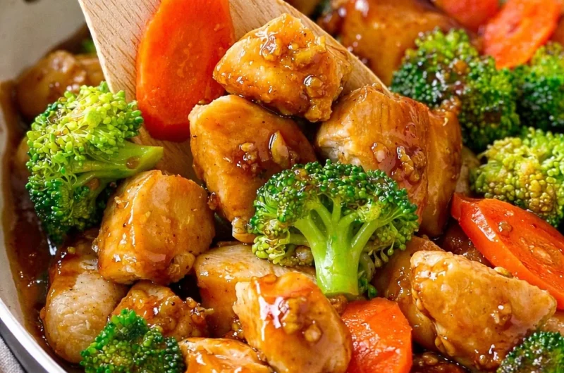 Honey Garlic Chicken Stir Fry with chicken, broccoli, and carrots in a sweet-savory sauce.