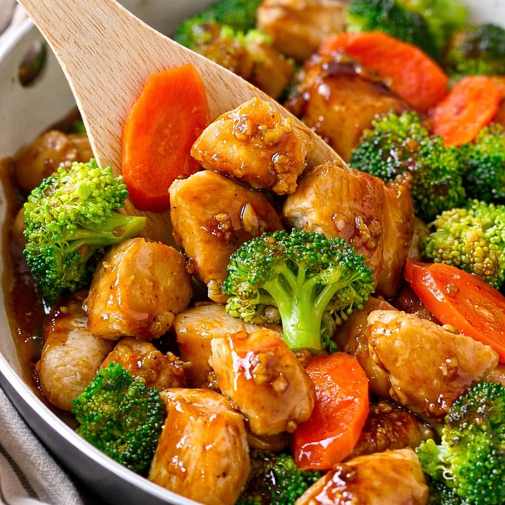 Quick & Delicious Honey Garlic Chicken Stir Fry in 20 Minutes! 34 Honey Garlic Chicken Stir Fry with chicken, broccoli, and carrots in a sweet-savory sauce.