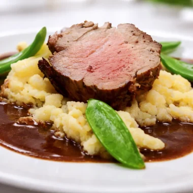 Authentischer deutscher Sauerbraten serviert mit einer süß-sauren Soße und Beilagen.