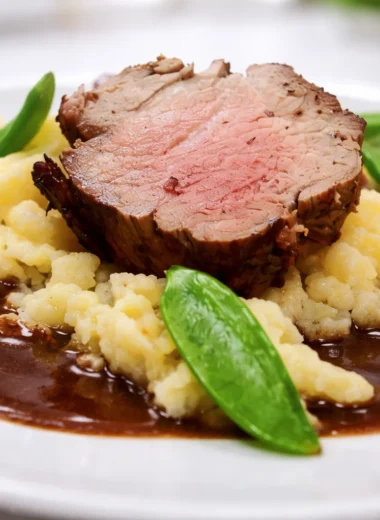 Authentischer deutscher Sauerbraten serviert mit einer süß-sauren Soße und Beilagen.