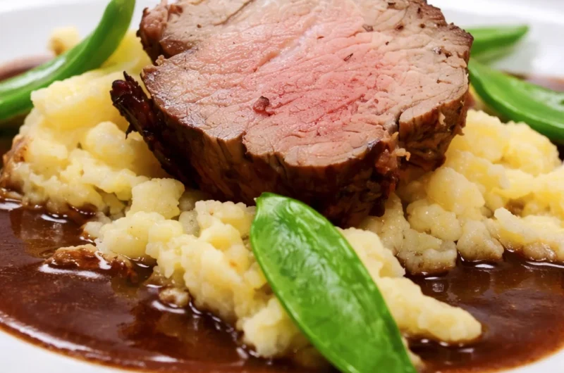 Authentischer deutscher Sauerbraten serviert mit einer süß-sauren Soße und Beilagen.