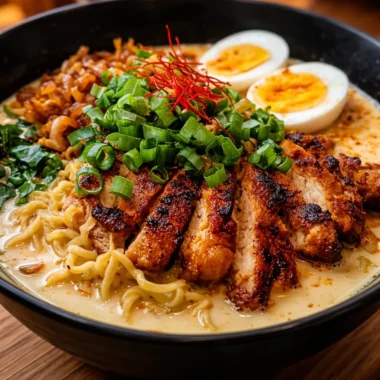 Delicious bowl of Creamy Garlic Chicken Ramen topped with fresh herbs and spices.