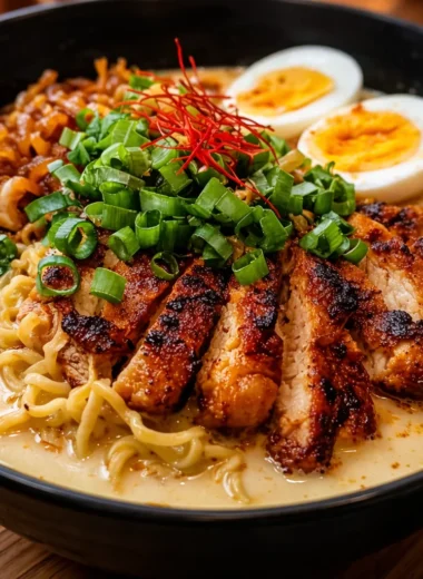 Delicious bowl of Creamy Garlic Chicken Ramen topped with fresh herbs and spices.