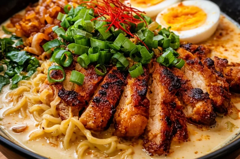 Delicious bowl of Creamy Garlic Chicken Ramen topped with fresh herbs and spices.