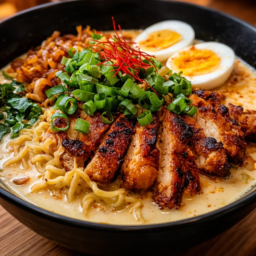 Delicious bowl of Creamy Garlic Chicken Ramen topped with fresh herbs and spices.