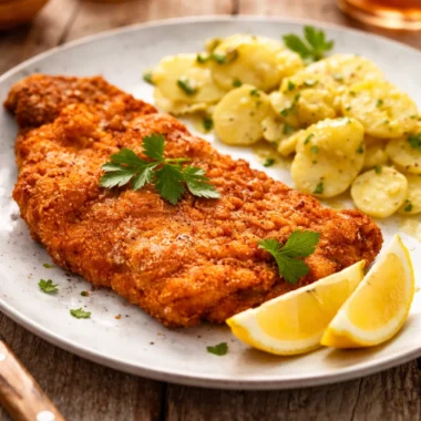 Leckeres Wiener Schnitzel mit Kartoffelsalat serviert auf einem Teller.