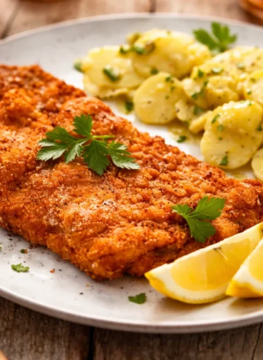 Leckeres Wiener Schnitzel mit Kartoffelsalat serviert auf einem Teller.