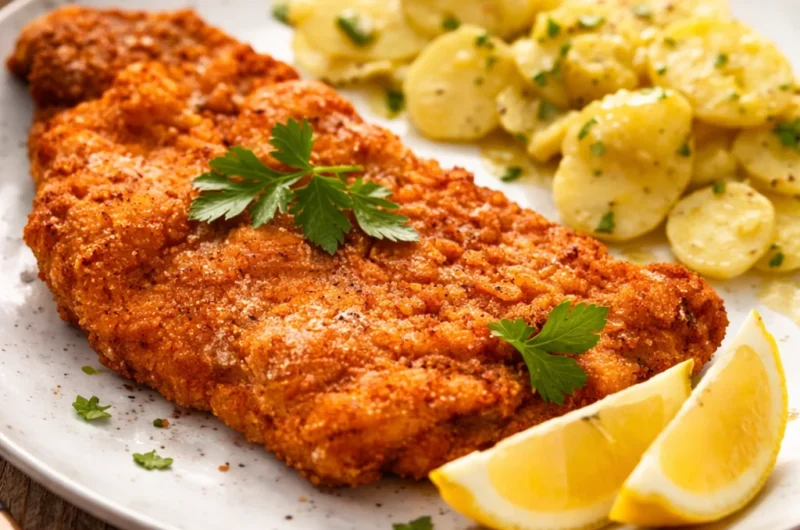 Leckeres Wiener Schnitzel mit Kartoffelsalat serviert auf einem Teller.