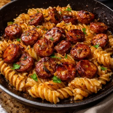 Sticky Honey Garlic Sausage Pasta Skillet with sausage, garlic, and honey in a pan