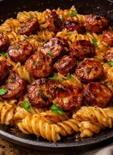 Sticky Honey Garlic Sausage Pasta Skillet with sausage, garlic, and honey in a pan