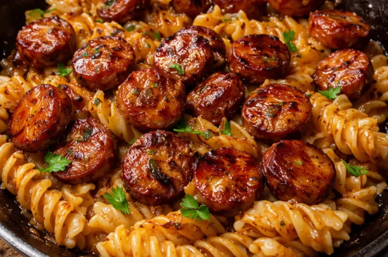 Sticky Honey Garlic Sausage Pasta Skillet with sausage, garlic, and honey in a pan