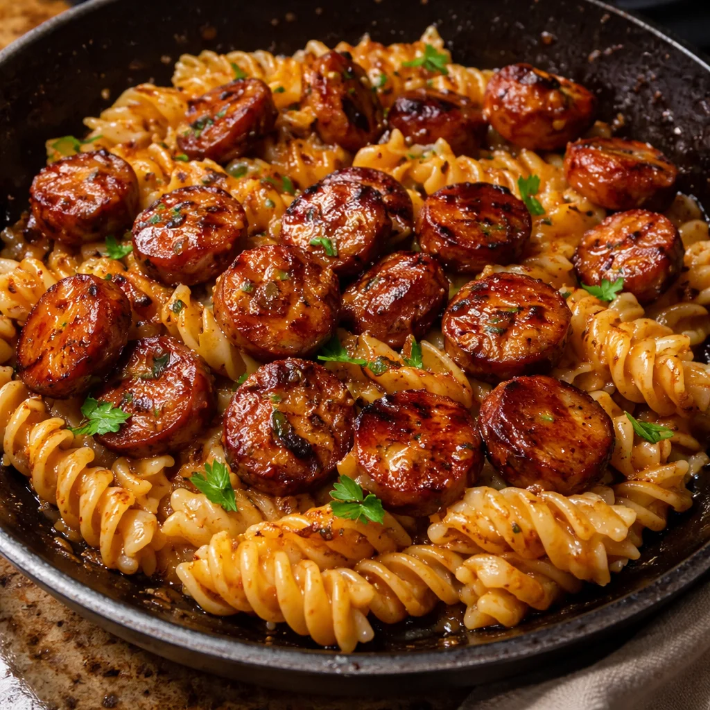 Sticky Honey Garlic Sausage Pasta Skillet - A Flavorful One-Pan Wonder 34 Sticky Honey Garlic Sausage Pasta Skillet with sausage, garlic, and honey in a pan