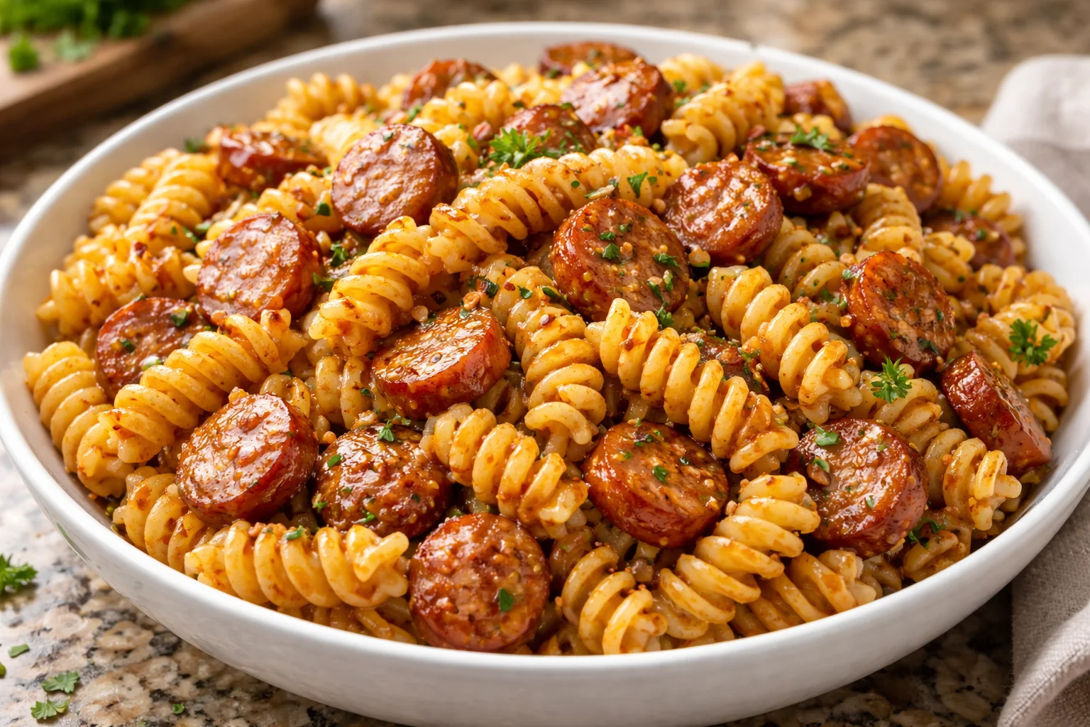 Sticky Honey Garlic Sausage Pasta Skillet