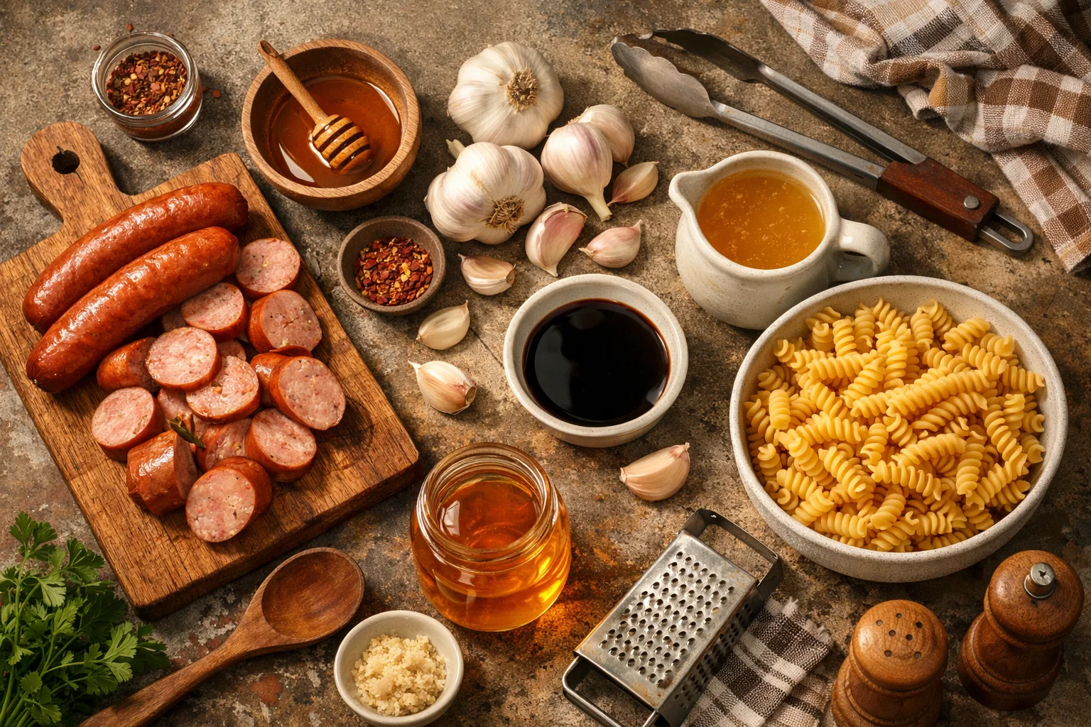 Sticky Honey Garlic Sausage Pasta Skillet