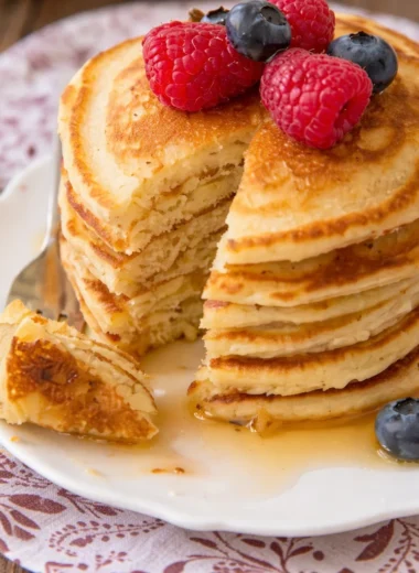 Fluffy and delicious award winning pancake recipe served with fresh fruit and syrup.