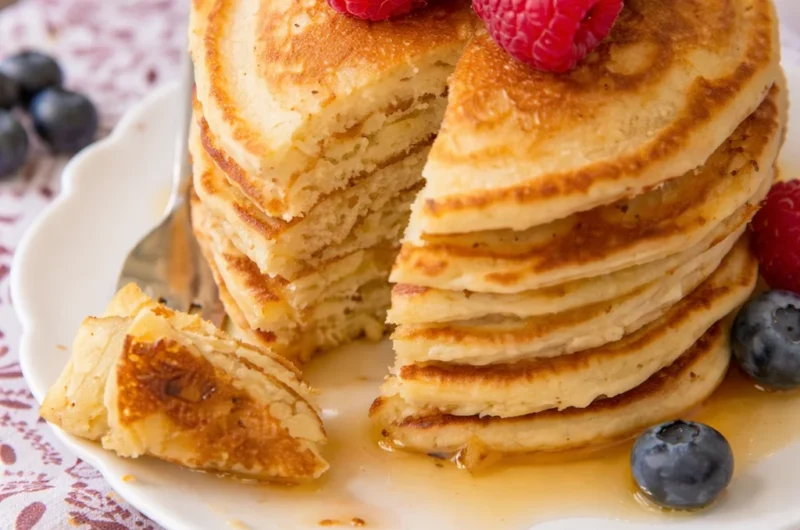 Fluffy and delicious award winning pancake recipe served with fresh fruit and syrup.