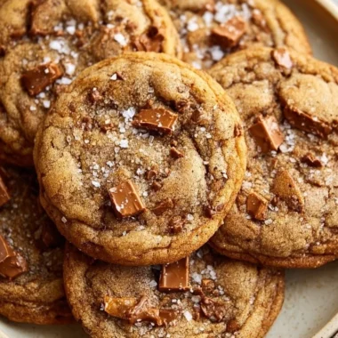 Delicious brown butter coffee toffee cookies on a plate.