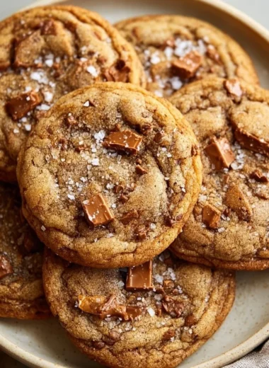 Delicious brown butter coffee toffee cookies on a plate.