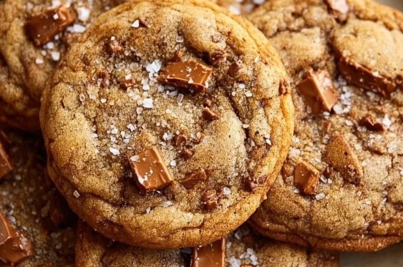 Delicious brown butter coffee toffee cookies on a plate.