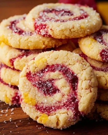 A plate of chewy lemon raspberry cookies with a vibrant raspberry topping.